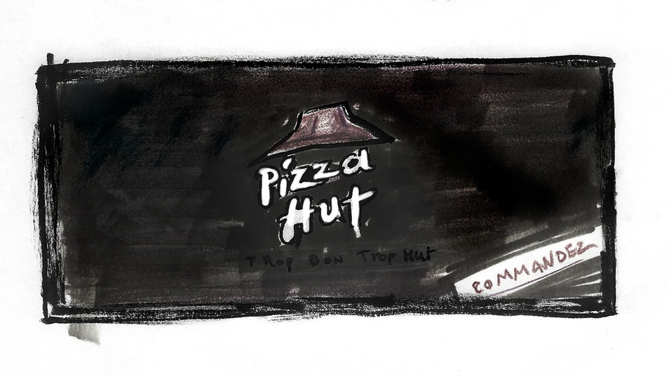 Hand-drawn storyboard for Pizza Hut pitch, Cheesy Crust Fun, frame 011